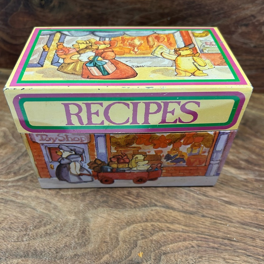 Rare Tin Metal Recipe Box, Shopping Scene by K. Carr, 1985 New Trends